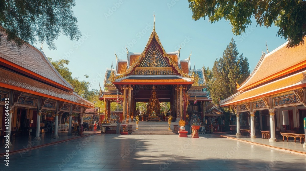Fototapeta premium Wide-angle shot of the impressive architecture of Khao Sukim Temple, with ornate roofs and traditional Thai designs standing tall.