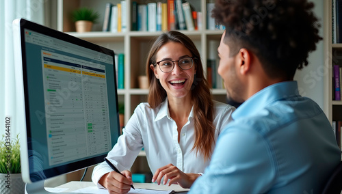 A cheerful accountant explaining tax deductions to a client in a modern office. A computer screen displays tax return details, and the background features bookshelves filled with financial guides