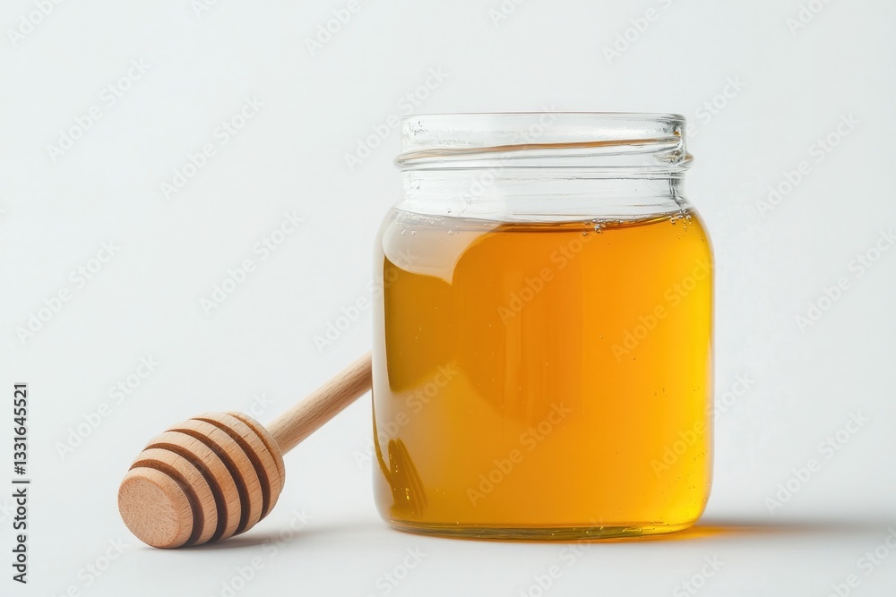 Golden honey in glass jar with wooden dipper highlights natural Golden honey in glass jar with wooden dipper highlights natural