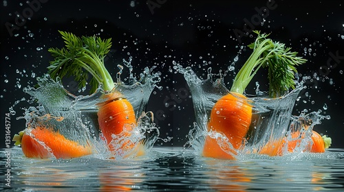 fresh carrots splashing into clear water, studio photography, advertising style HD 8K wallpaper Photographic Image 