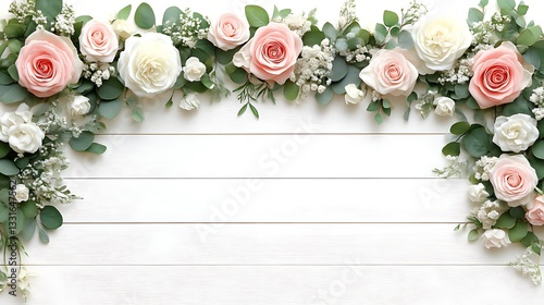 Beautiful white and pink roses arranged elegantly on a wooden surface