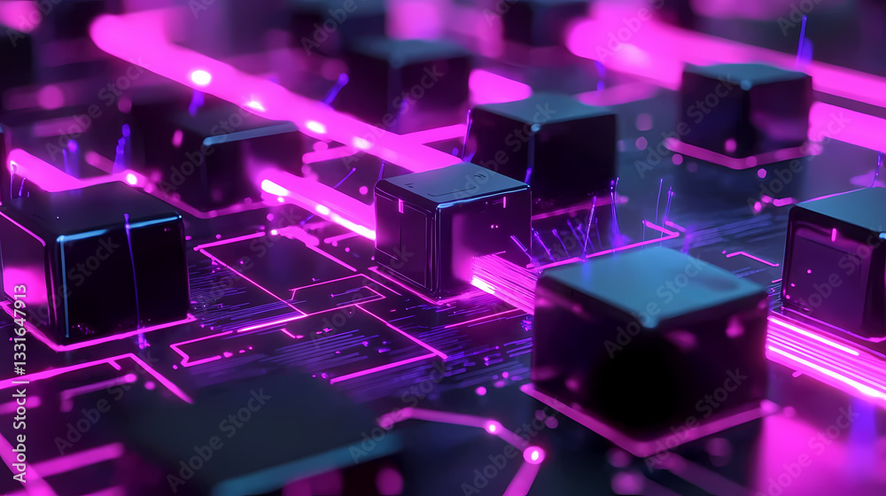 Obraz premium Black Blocks and Purple Lines on Tech Circuit Board
