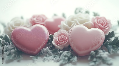 Pink Hearts And Roses Are Placed On A Floral Arrangement