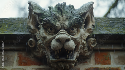 A close-up photography of an intricately carved Gothic gargoyle perched on the edge of a cathedral, its stone face weathered with age and dripping with rain.