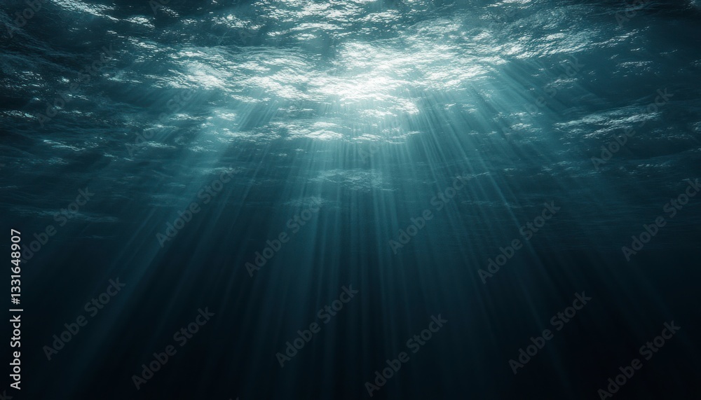 Sunlight Streaming Through Deep Blue Ocean Water Creating Underwater Scene Sunlight Streaming Through Deep Blue Ocean Water Creating Underwater Scene