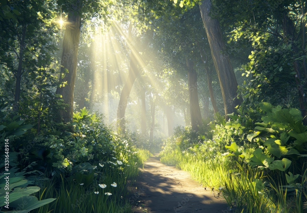 Obraz premium Walking Path Through Forest with Sun Rays and Lush Greenery