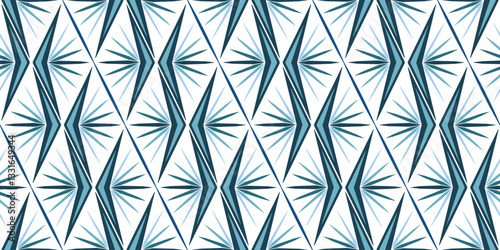 Sea blue unusual stylized ethnic seamless pattern. Decorative diagonal wavy ornament in shades of blue. Creative abstract wavy design of multi rayed shapes. Stylized exotic plant background