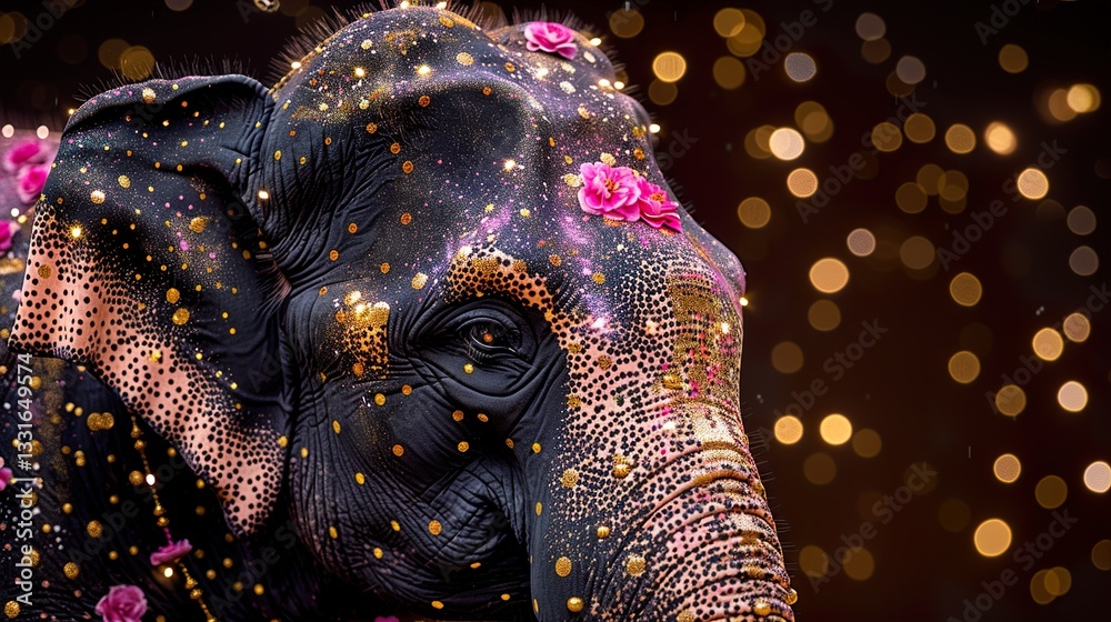 Obraz premium Holi festival celebration with decorated elephant. Background with flowers, festive lights and gold for banner, HD 8K wallpaper Photographic Image 