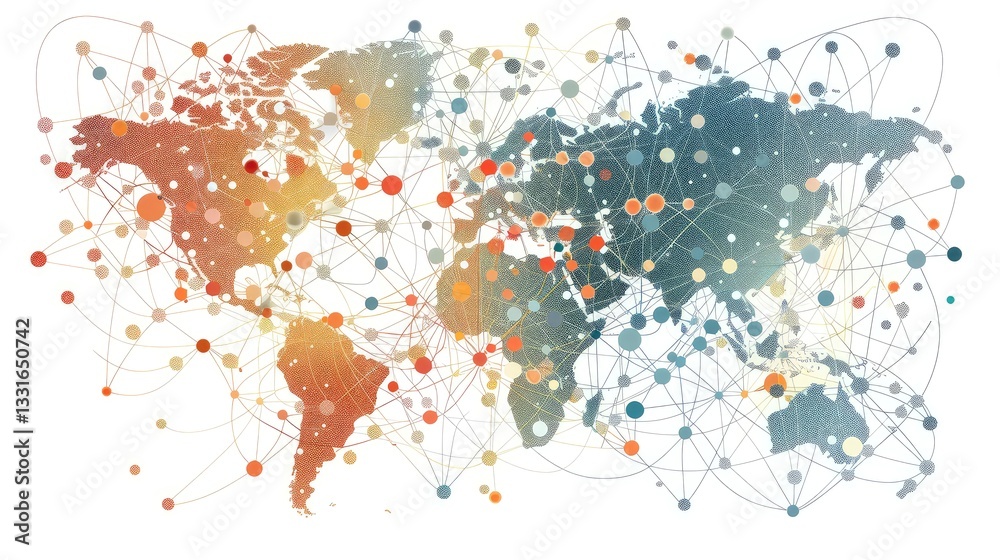 Fototapeta premium Global Network Connectivity Map with Colorful Data Points