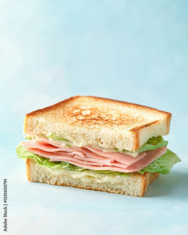 Freshly Toasted Sandwich with Ham, Lettuce and Creamy Spread on Light Blue Background Freshly Toasted Sandwich with Ham, Lettuce and Creamy Spread on Light Blue Background