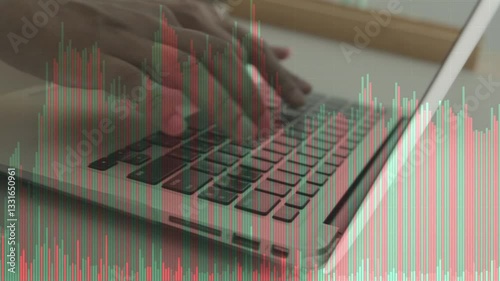 Hands typing on laptop keyboard with overlaid stock charts, symbolizing global economic analysis and business strategy, highlighting trends in business analysis and global economic insights.