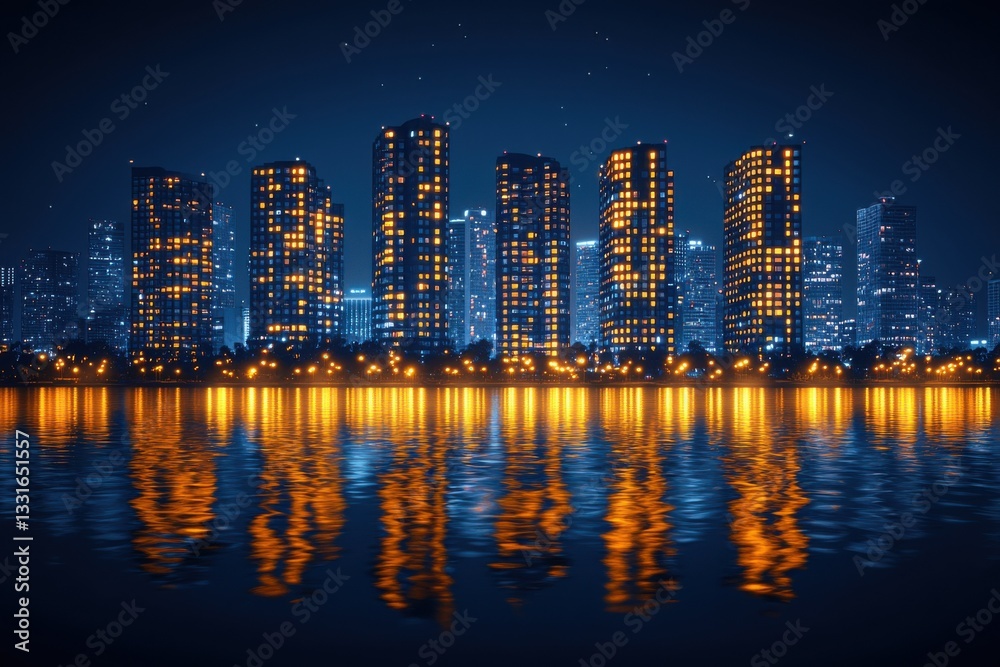 Obraz premium City skyline illuminated at night with reflections in the calm water