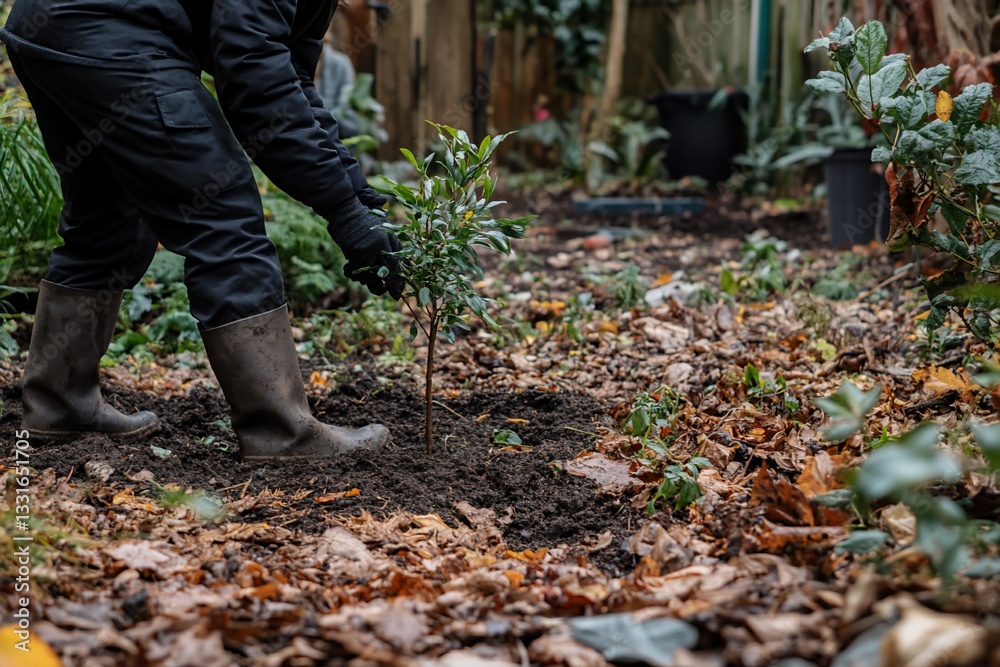 Person Planting a Small Evergreen Tree in Autumn Garden Person Planting a Small Evergreen Tree in Autumn Garden