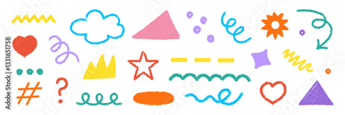 A set of colorful hand-drawn doodles, including geometric shapes, squiggles, stars, hearts, arrows, and abstract elements in a crayon or pastel style, creating a playful and artistic look.