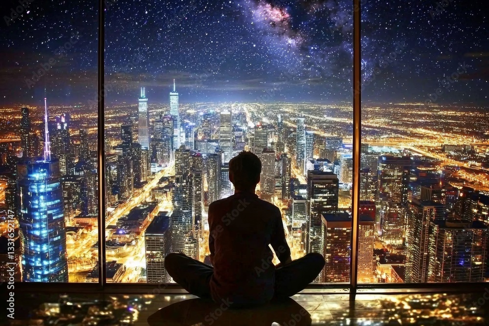 Nighttime reflections: a solitary figure admiring the illuminated skyline from a high perch. Nighttime reflections: a solitary figure admiring the illuminated skyline from a high perch.