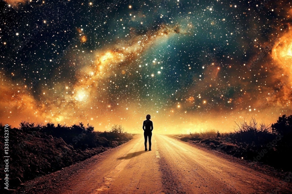 Fototapeta premium Contemplation on a quiet road under the twinkling stars.