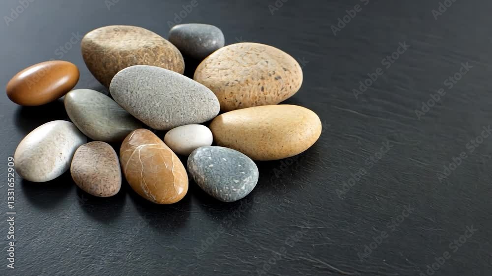 A collection of smooth, colorful pebbles arranged artistically on a dark slate surface A collection of smooth, colorful pebbles arranged artistically on a dark slate surface