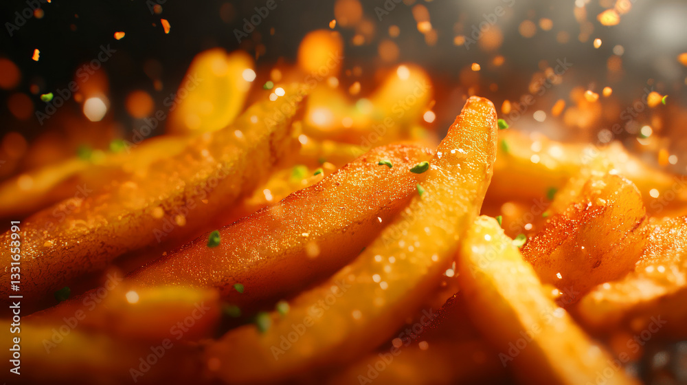 Delicious golden sweet potato fries topped with herbs, ideal for snacks or meals. Healthy eating concept