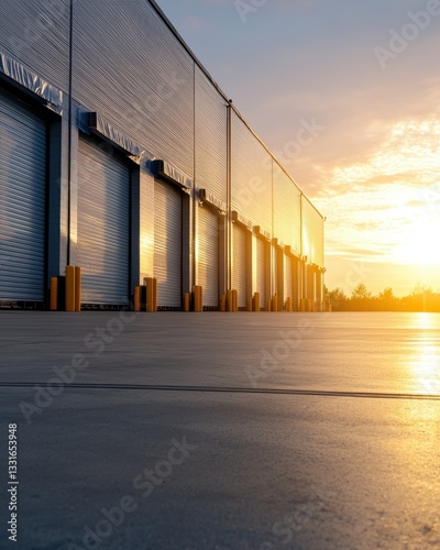 Industrial Warehouse Exterior at Sunset with Loading Dock Doors and Reflections on Concrete