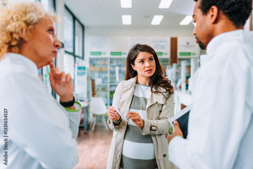 Fototapeta premium Pregnant woman talking to pharmacists.