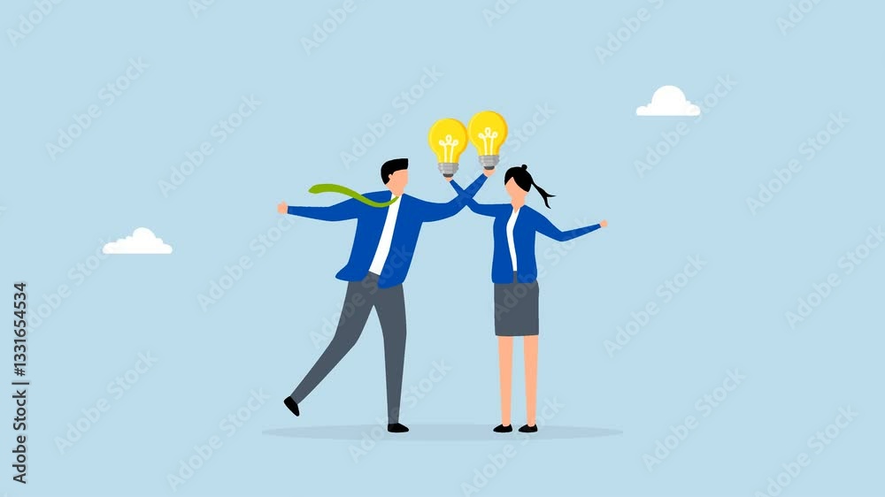 Exchange idea, 4k animation businessman and woman share lightbulb idea to colleagues. Exchange idea, 4k animation businessman and woman share lightbulb idea to colleagues.