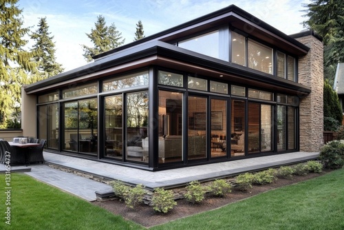 Elegant contemporary design featuring slim frame black aluminum windows.