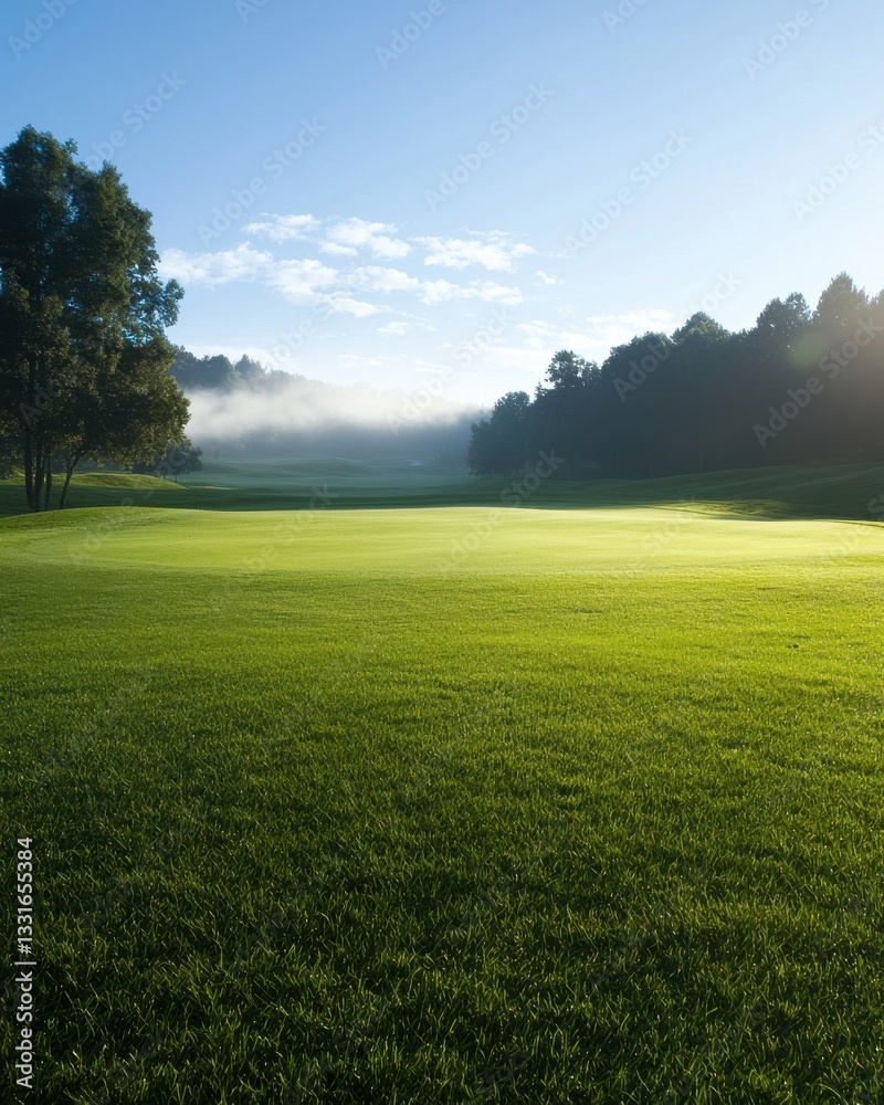 Serene Morning Scene of Lush Green Golf Course Landscape with Misty Horizon and Blue Sky Serene Morning Scene of Lush Green Golf Course Landscape with Misty Horizon and Blue Sky