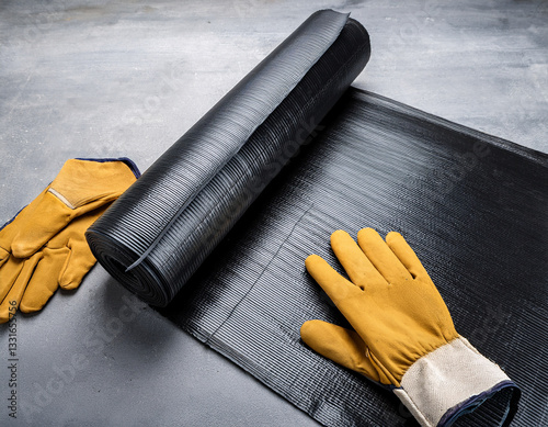 Roll of waterproof membrane material partially unrolled beside construction gloves on a concrete backdrop