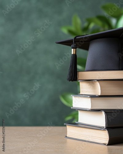 Graduation Cap on Stack of Books with Green Background and Plant Accents for Educational Concept