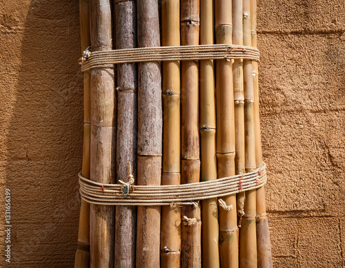 A bundle of bamboo poles tied with rope resting vertically against a mud wall demonstrating eco-friendly building techniques photo