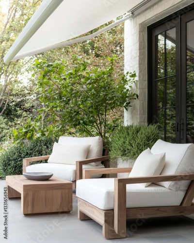 Modern Outdoor Living Space with White Cushions, Wooden Furniture, and Lush Greenery Accents