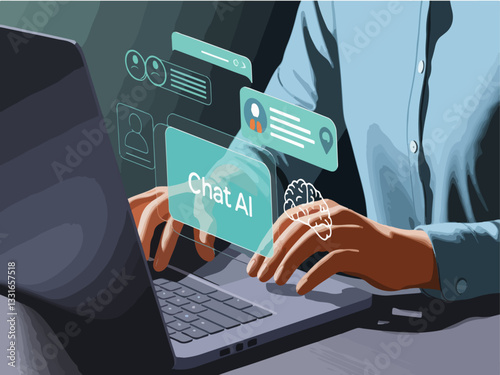 using laptop, interacting with AI chatbot. Futuristic technology, artificial intelligence, digital communication, smart assistant,                