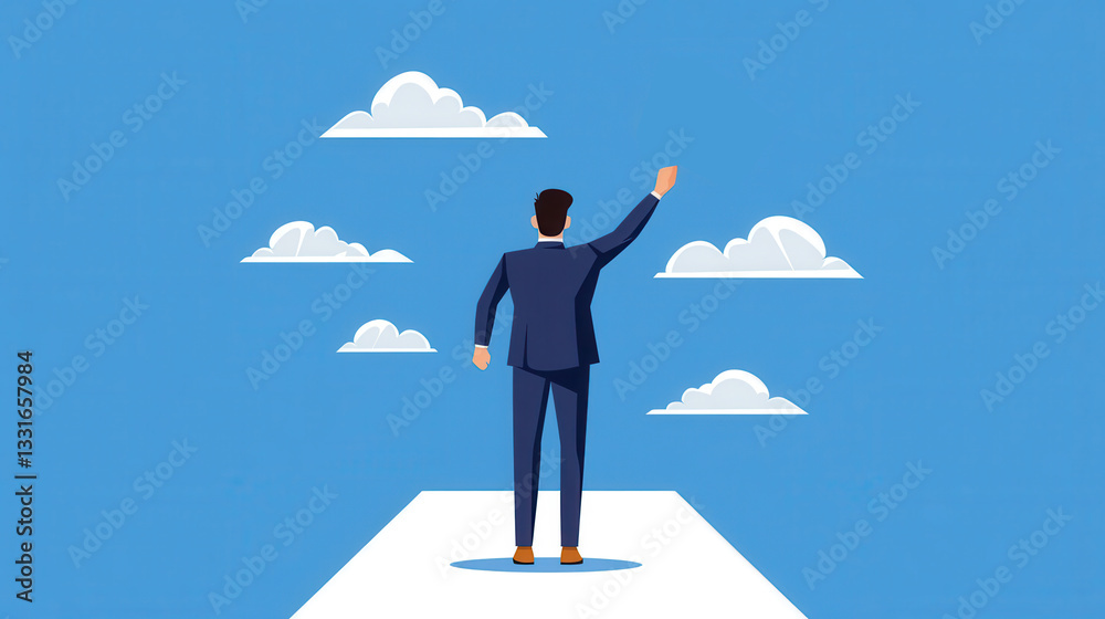 Businessman in Suit Standing on Platform with Outstretched Arm Against Bright Blue Sky and Clouds Businessman in Suit Standing on Platform with Outstretched Arm Against Bright Blue Sky and Clouds