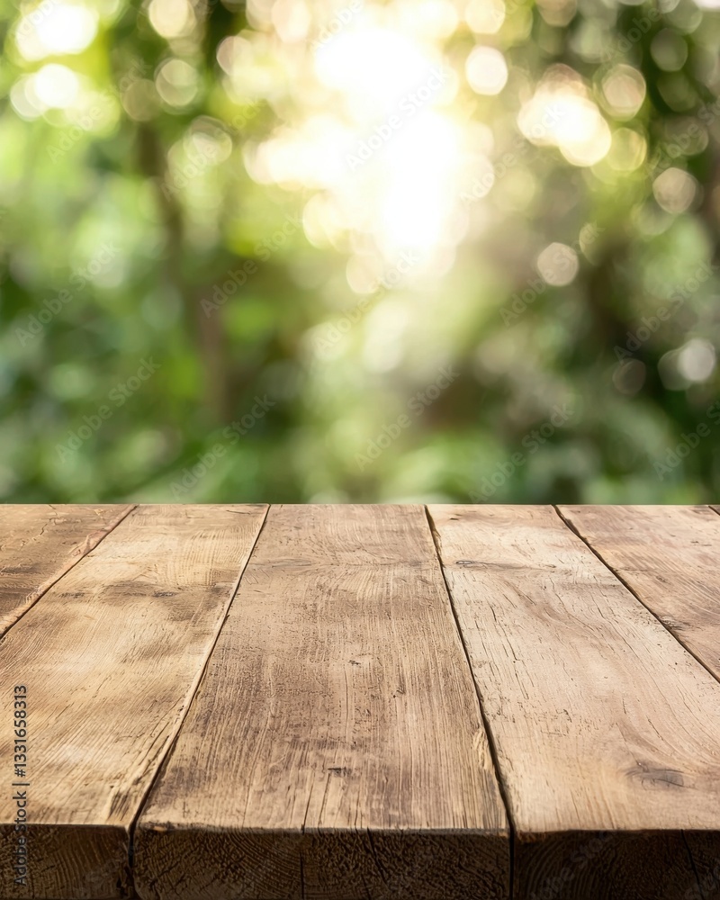 Rustic Wooden Table Surface with Blurred Green Nature Background and Soft Light Effect Rustic Wooden Table Surface with Blurred Green Nature Background and Soft Light Effect