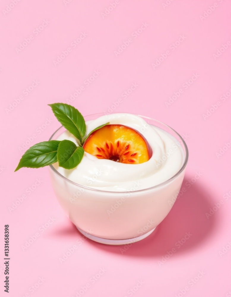 Yogurt with peach on pink background Yogurt with peach on pink background
