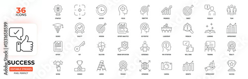 Success Line Icon Set. Idea, Winner, Brainstorm, Progress, Leadership.Editable Stroke.