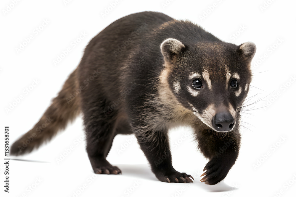 Obraz premium Tejon walking forward with dark fur and white markings in an isolated setting