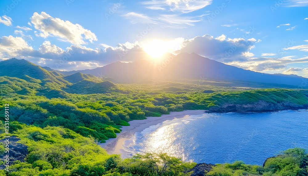 Fototapeta premium Serene tropical beach with lush vegetation, volcanic mountains, and a vibrant sunset
