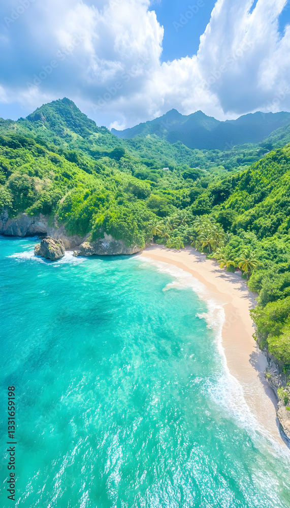 Serene tropical beach nestled in a lush valley. Tranquil turquoise waters meet a pristine white sand beach, framed by verdant hills and mountains Serene tropical beach nestled in a lush valley. Tranquil turquoise waters meet a pristine white sand beach, framed by verdant hills and mountains