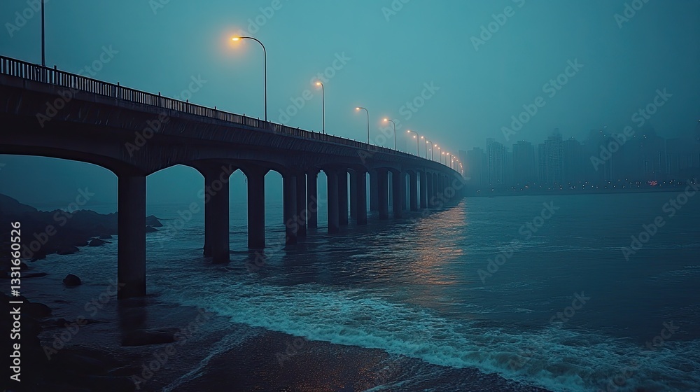 Obraz premium Arcing twilight expressway through the sea, gentle skyline city faintly visible in the distance, waves lapping against the bridge supports.