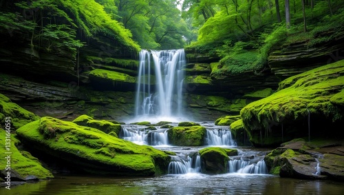 Majestic waterfall cascading over mossy rocks in forest