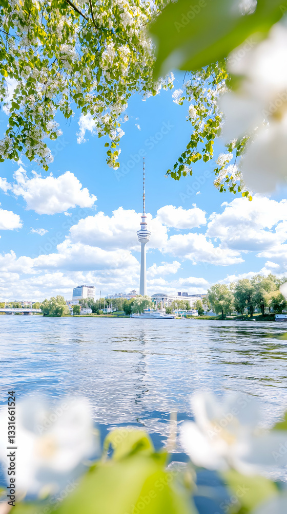 Obraz premium Spring cityscape view of a tower by a river, framed by blossoming trees