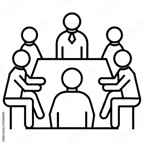 A Collaborative Team Brainstorming Innovative Solutions Around A Table, Showcasing Focused Discussion And Unity In A Simple Line Art Style