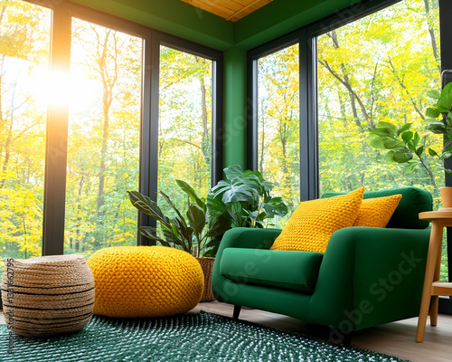 Sunny green corner room with vibrant yellow accents