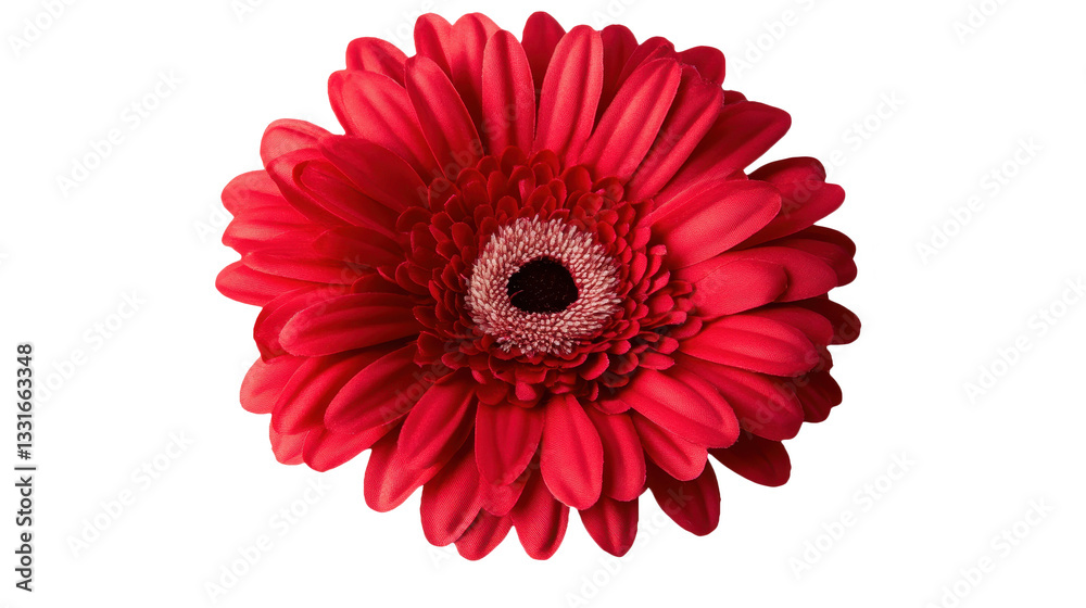 Crimson Radiance: A Vibrant Close-Up of a Red Gerbera Flower with Detailed Petals and a Dark Center, Isolated on Black for Stunning Visual Impact