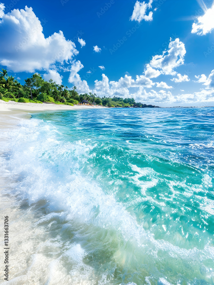 Obraz premium Tropical beach paradise with turquoise waves crashing on white sand. Lush greenery on the shore, vibrant blue water, and a bright sunny sky