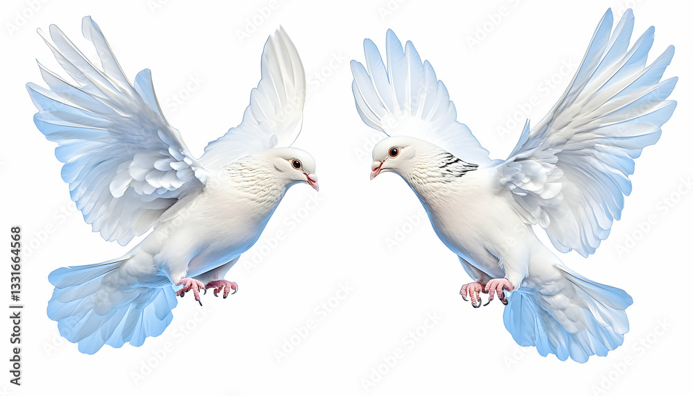Fototapeta premium Two white doves in flight, wings spread wide against a white background