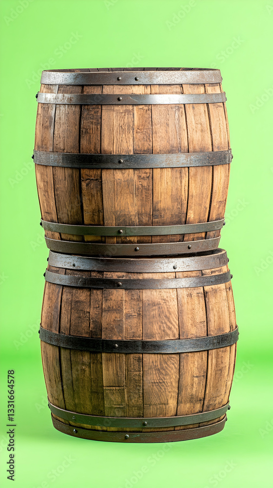 Fototapeta premium Two wooden barrels stacked vertically against a green background