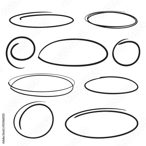 Set of hand drawn doodle ellipses. Scribble ovals and bubbles to circle and highlight text. Collection of different brush drawn black circles. Marker round elements isolated on white background.