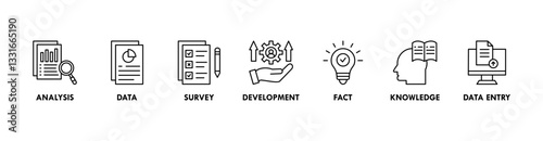 Research banner web icon vector illustration concept with icon of analysis, data, survey, development, fact, knowledge and data entry